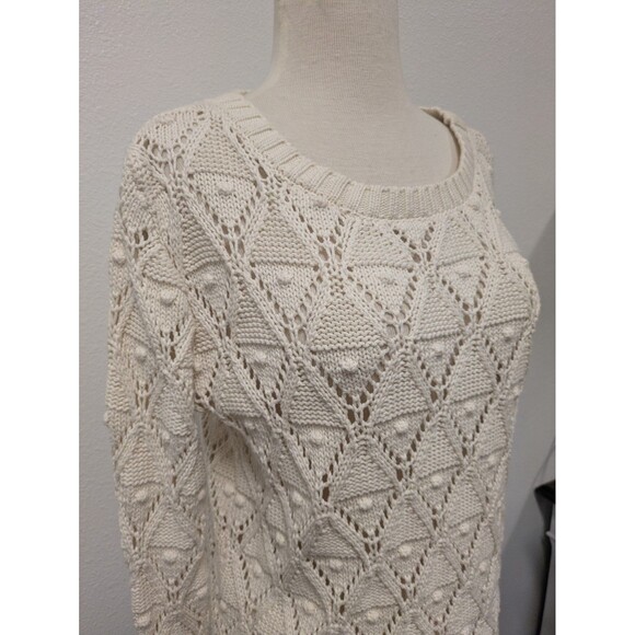 Tommy Hilfiger Ivory Diamond Open Knit Sweater sz M Pom Pom Preppy Classic - Picture 4 of 9